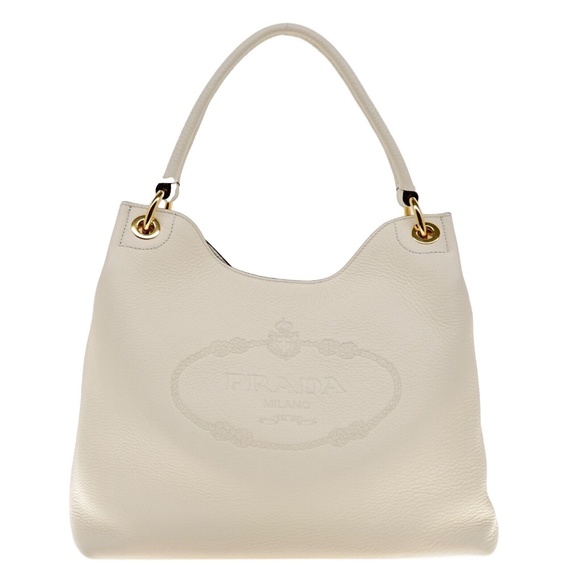 Prada Hobo Shoulder bag Embossed Logo Vitello Phenix White Leather New - Picture 2 of 6